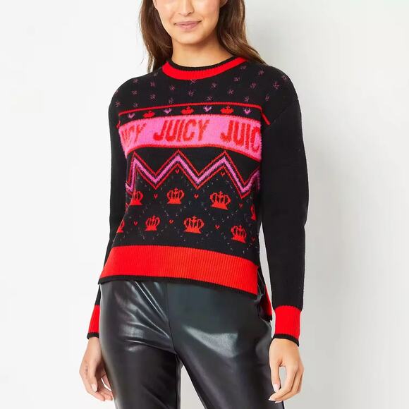 Juicy by Juicy Couture Black Pink Red Knit Fuzzy Crew Neck Pullover Sweater - Picture 1 of 14